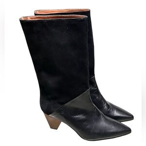 Brenda Zaro black suede and leather mid calf pointed toe stacked heel boots